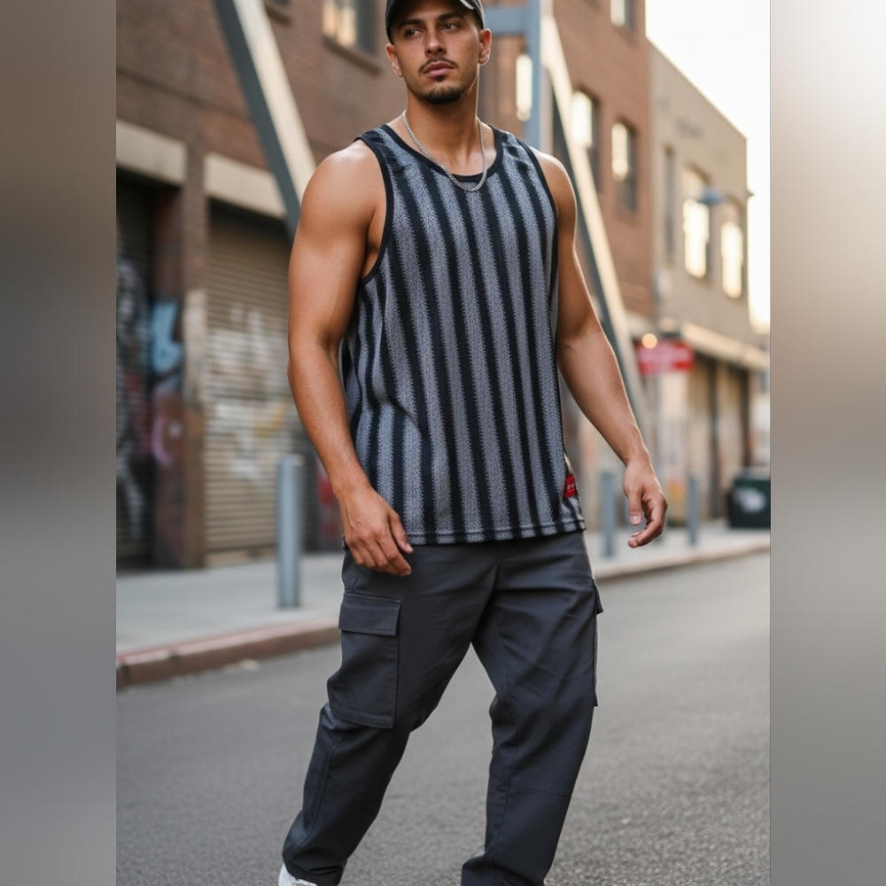 Supreme Black and Gray Striped Mesh Top
